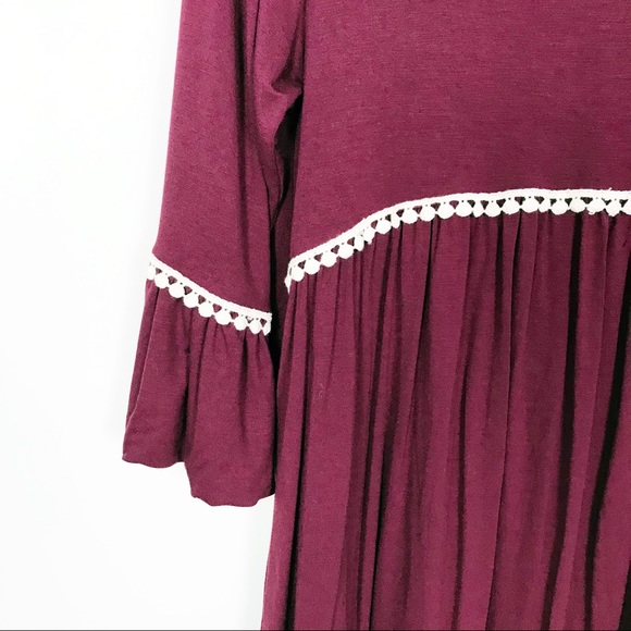 Lovely Souls Wine Red Bell Sleeve Tunic Top Contrast Boho Crochet Trim Small - Picture 3 of 8
